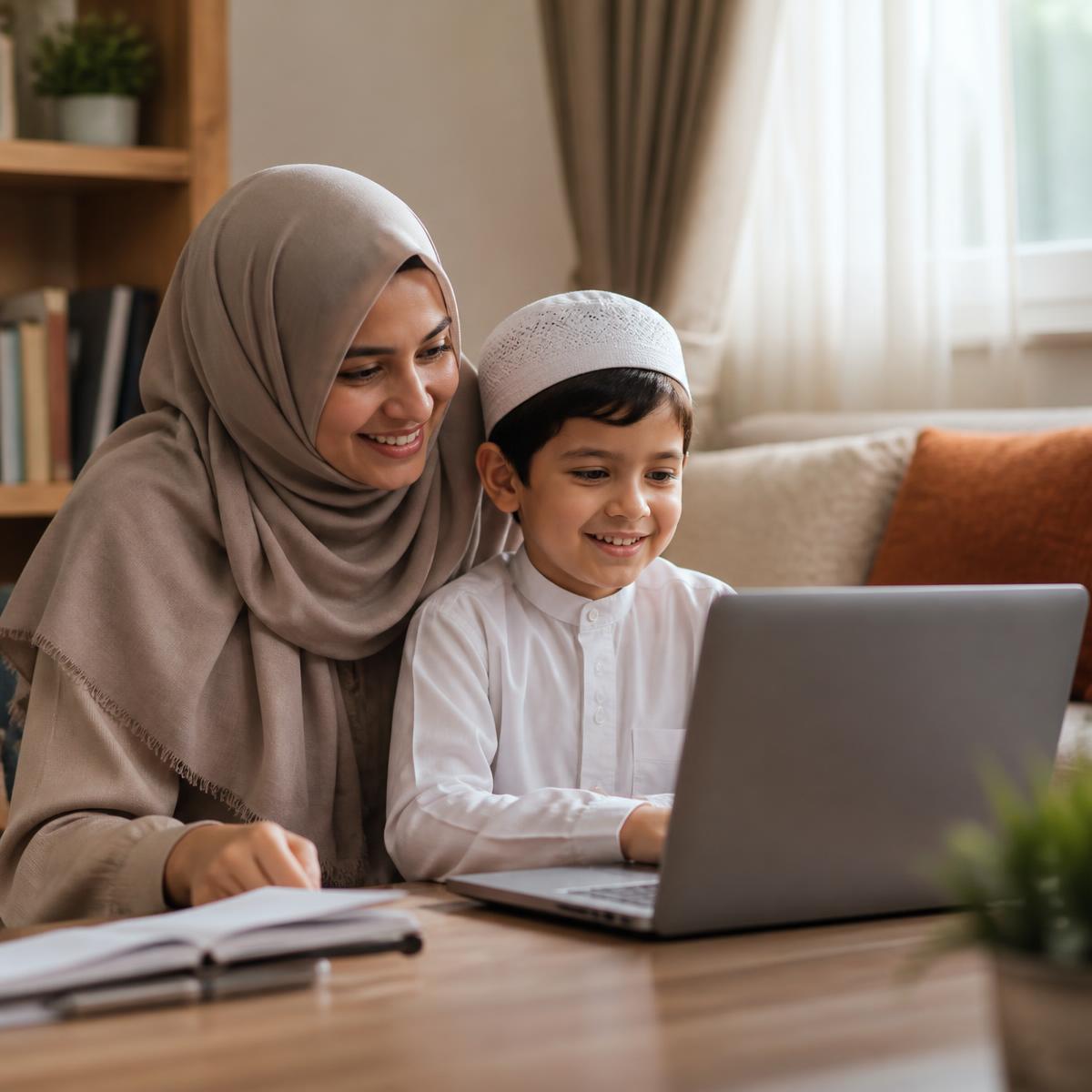 A mother learning Quran online with her child at home